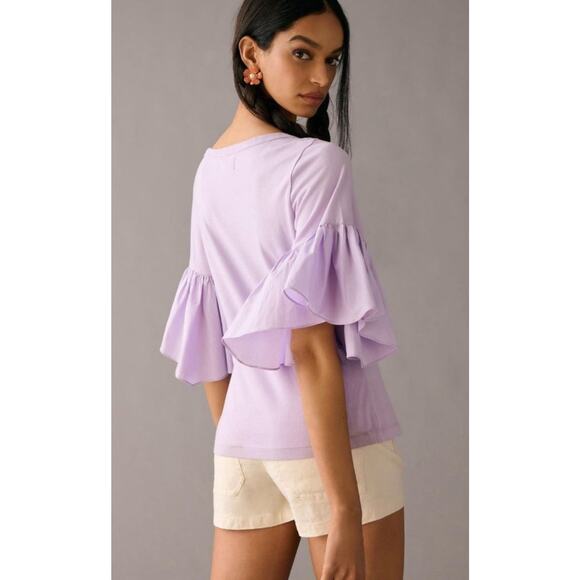 Maeve Anthropologie Ruffle-Sleeve Tee Blouse Top Solid Ribbed Lavender Sz M - Picture 4 of 11